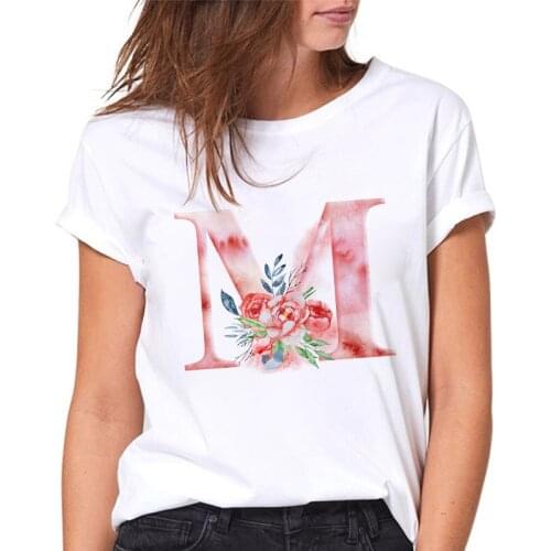 T-shirt Ladies Fashion Flowers M Print 26 Alphabet Women Tshirts Harajuku Casual White Female Tees Casual Summer tshirt femme