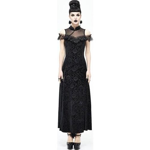 Gothic High-neck Off-shoulder Open-back Lace-up Mesh One-way Neck Lace Dress Improved Version Of The High-slit Cheongsam