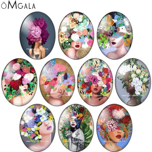 Fashion Colorful Flower with Girls Art Oil Paintings 13x18mm/18x25mm/30x40mm Oval photo glass cabochon flat back Making findings