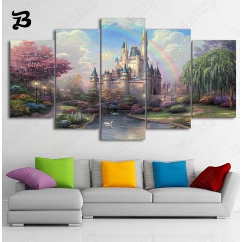 Canvas Painting Landscape 5 Pieces Wall Art Fairy Tale Castle Movie Fantasy Scenery Canvas Poster and Print for Kids Room Decor
