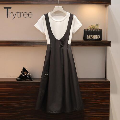 Trytree 2020 Summer Two piece set Casual O-neck Solid White Top + Suspender Dress Solid Button Pockets Fashion 2 Piece Set