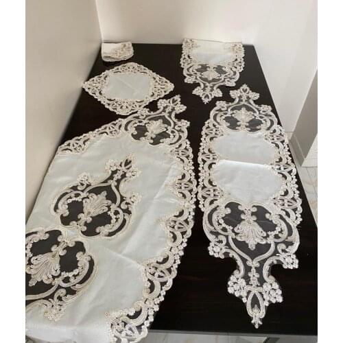 5 Parça Salon Takımı Linen Kumaş Fransız Dantelli