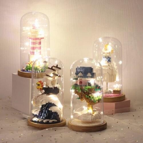 WiseHawk Micro Building Blocks Wedding Dress Lighthouse Tree House Kids Mini Brick Toys With Display Box LED Light