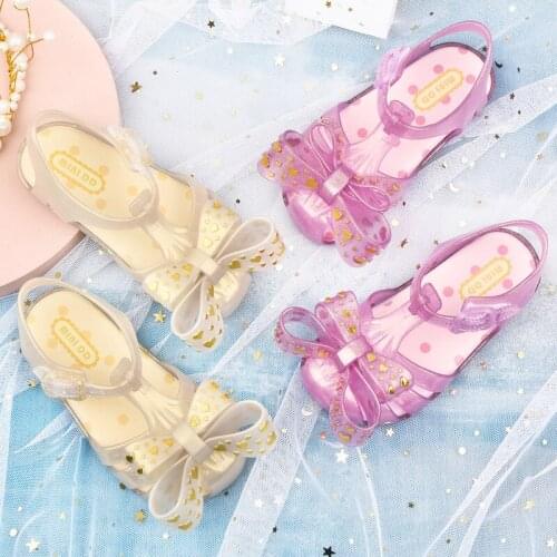 MINI DD New Style Girls Summer Sandals Children Fashion Roma Jelly Shoes Bronzing heart-shaped bow Kids Beach Shoes DD020