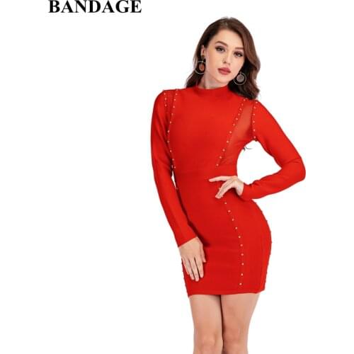 New Design Autumn Patchwork Rivet Bandage Dress Sheath Zipper Full Sleeve Mini Dresses Celebrity Party Club Empire Vestidos