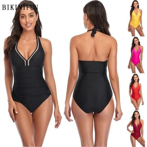 2021 New Sexy V Neck Monokini Women Solid Color Swimwear Plus Size Swimsuit S-2XL Girl Backless Halter Beachwear One Piece Suit