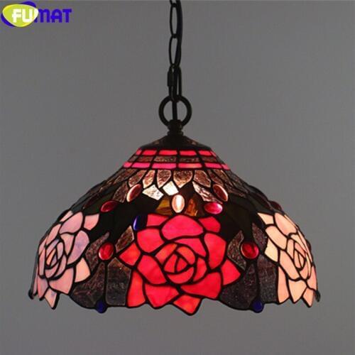 FUMAT Pendant Lamp Tiffany Style Stained Glass Rose Morning Glory Lampshade Chain CE Wire E27 LED Handcraft Arts Home Arts Retro