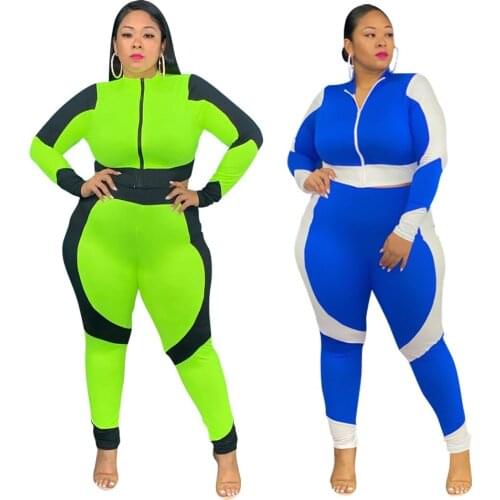 Casual Plus Size Women Tracksuits 2021 Autumn Long Sleeve Zipper Tops + Skinny Sport Leggings Pants Patchwork Two Piece Sets