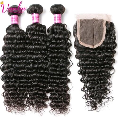 Vanlov Deep Wave Human Hair Bundles With Closure Malaysian 3 Bundles With Lace Closure Remy Human Hair Bundles With Closure
