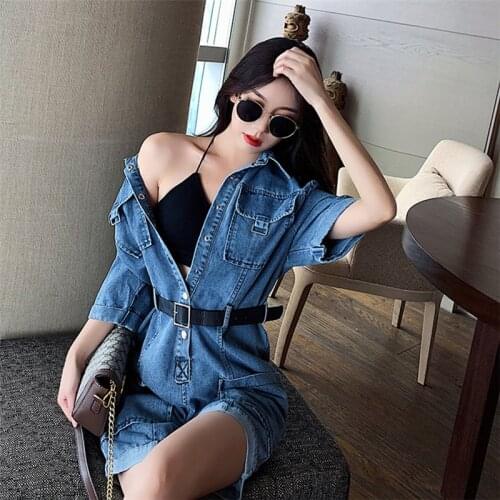 Retro Belted Denim Wide Leg One-piece Shorts Womens Casual Fashion Straight Jumpsuit Blue Short Sleeve Cargo Pants Plus Size