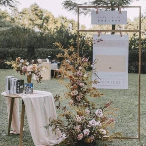 Event Party Welcome Billboard Rack Shiny Gold Iron Arch Flower Plinth Square Shelf Wedding Reception Area Backdrop Hanging Frame