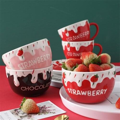 European Cute Strawberry Ceramic Fruit Salad Bowl Dessert Rice Noddle Bowl Tableware Milk Mug Steak Dinner Plate Sauce Dish