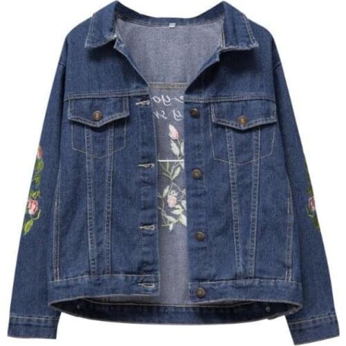 Fad New Women Denim Jacket Spring Streetwear Single Breasted Floral Embroidery Turn-down Collar Plus Size 3XL 4XL 5XL Lady Coat