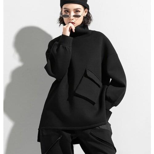 Johnature Winter New Simple Turtleneck Women Sweatshirts 2021 Fashion Solid Color Irregular Loose Pockets Female Hoodies