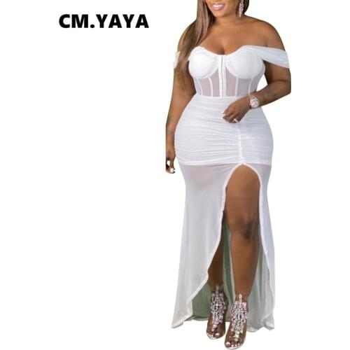 CM.YAYA Women Plus Size Dress Mesh See-through Short Sleeve Zip Shirring Splited Stretchy Long Maxi Dresses Sexy Vestidos Summer