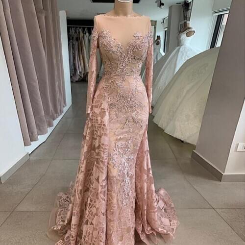 Pink Evening Dresses Mermaid Long Sleeves Appliques Lace Beaded Dubai Saudi Arabia Long Prom Dress Gown Robe De Soiree