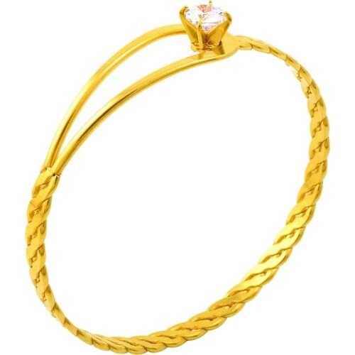 IJB0392 PVD Golden Stainless Steel Twisted Wire Bangle Adjustable Expandable Wire Bracelets Bangles with Clear Crystal ( 65mm )