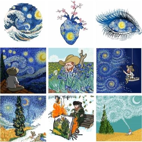 Starry Sky Patches Van Gogh Iron On Transfers For Clothing Flower Stickers Waves Eyes Appliques Washable DIY T-Shirt On Dress