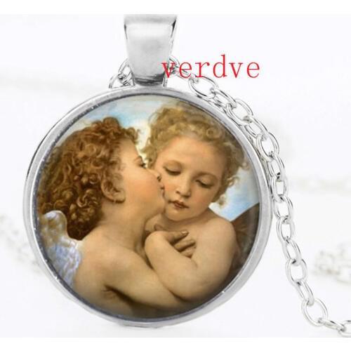 1pcs/lot The First Kiss Angels Logo Pendant Necklace Angel Wings By William-Adolphe Bouguereau Art Necklace Handmade Pendant