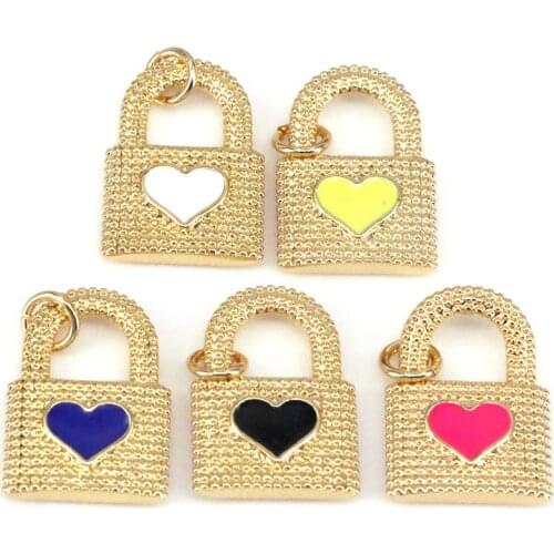 10Pcs, Gold Plated Metal heart lock Charm for Bracelets Necklace Jewelry Making enamel Collier Padlock Pendants