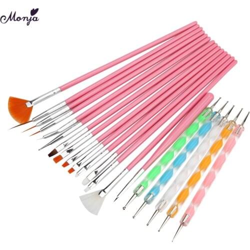 Monja 20Pcs/Set Nail Art Acrylic UV Gel Extension Builder Painting Pattern DIY Drawing Rhinestone Bead Dotting Picking Brush Kit