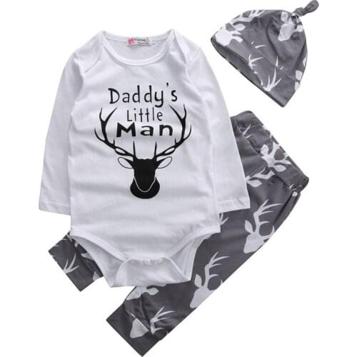 0-18M Newborn Infants Baby Boys 3pcs Clothes Set Deer Head Printing Bodysuit + Pants +Hat Cartoon Toddler Gray Outfits Set Kids