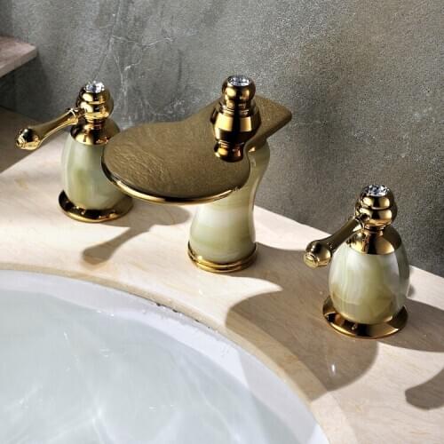 FREE SHIP Bathroom 3 pcs 8 " widespread Lav Sink faucet Gold clour Crystal and stone faucet New