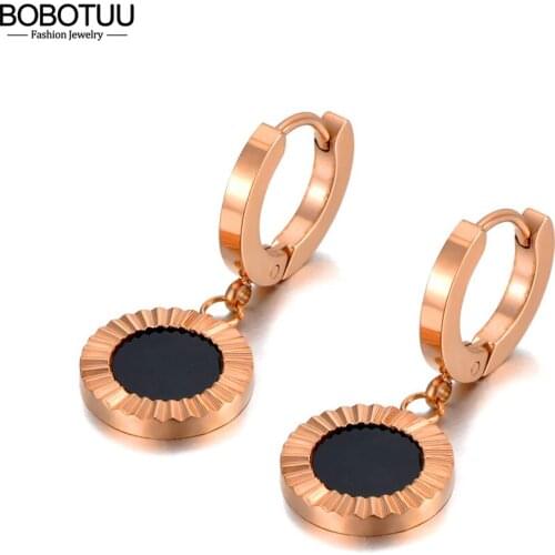 BOBOTUU Vintage Style Stainless Steel Black Acrylic Hoop Earrings Trendy Rhinestone Party Earrings Jewelry For Women BE20160