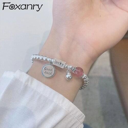 FOXANRY 925 Sterling Silver Pink String of Beads Bracelets for Women INS Fashion Good Luck Pendant Party Jewelry Birthday Gifts