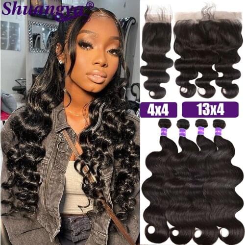 Brazilian Hair Weave Bundles With Frontal Shuangya Hair Brazilian Body Wave Human Hair 13x4 Lace Frontal Closure with Bundles