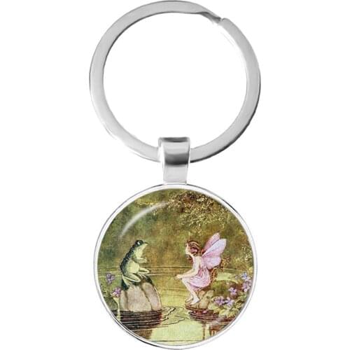 Fashion Keychain Accessories Cute Frog Fairy Tale Jewelry 25mm Glass Cabochon Key Ring Keyholder For Women Men Girls Gift
