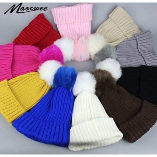 Children Baby Winter hat Skullies Winter Faux Fur Hat pompom Beanies for Kids Child 2017 Fashion Stripe warm Ski Cap Bone