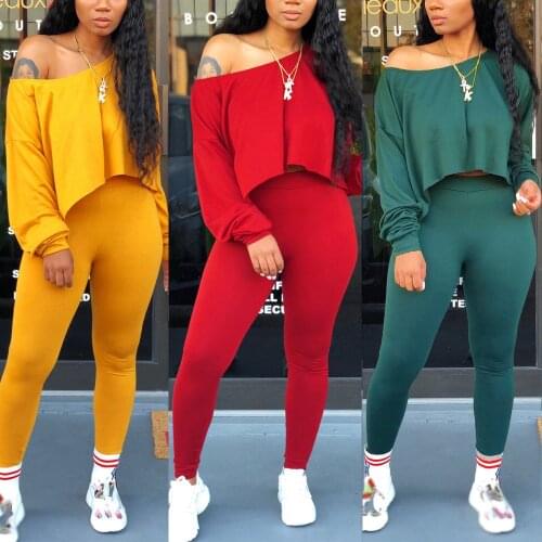 Women 2 Piece Outfits Sports Suit Tracksuit Loose Hem Crop Top with Fitness Leggings Pants Workout Set Female