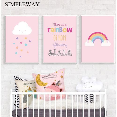 Pink Rainbow Cloud Picture Nursery Quotes Child Poster Minimalist Wall Art Canvas Print Painting Nordic Baby Kids Bedroom Decor