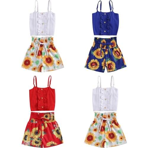 FOCUSNORM 1-6Y Fashion Kids Girls Clothes Sets 2pcs Lace Sleeveless Vest Tops Flowers Print Shorts 3 Colors