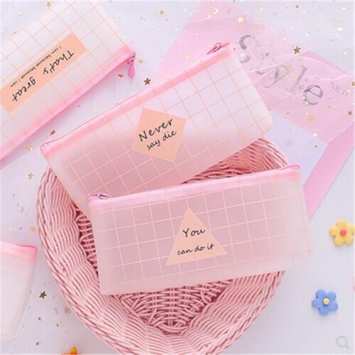 Cute Pink Transparent Grid Large Capacity Pencil Bag Pencil Pouch Pencilcase Pen Bag Stationery Storage Organizer Holder