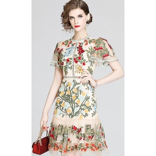 Runway Fashion Brand Designer Women O-Collar Dress Summer Flare Sleeve Floral Mesh High-End Embroidery Elegant Party Dresses