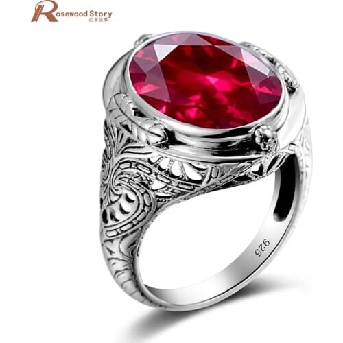 Genuine 925 Sterling Silver Ring Created Ruby Egg Stone for Men Vintage Hollowed Flower Women Party Cocktail Ring Fine Jewelry