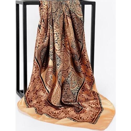 Silk Satin Kerchief Women Hair Scarf Pink Hhaki Fashion Print Hijab Scarfs 2019 Square Shawls and Wraps Scarves For Lady 90*90cm