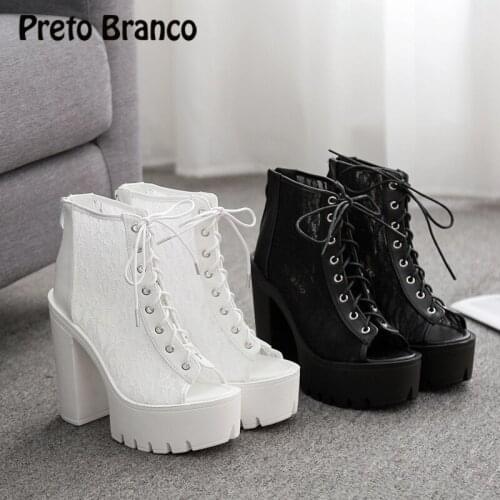 PRETO BRANCO Black White Platform Sqare Heels 2021 Style High Heels Lace Mouth High Heel Sandals Wedges Shoes for Women JXQ