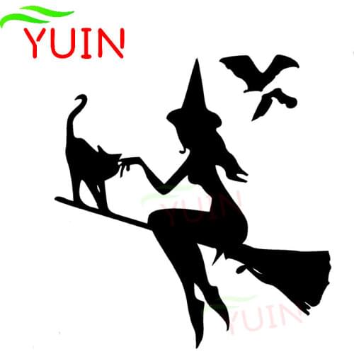 Witch on Broomstick with Cat & Bats Car Sticker Fashion PVC Window Decoration Motorcycle Auto Accessories Waterproof Decal