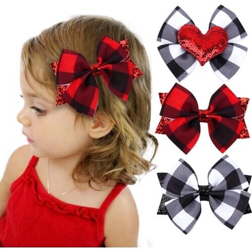 1Pc 3.5" Glitter Hair Bows Plaid Clips Sweet Heart Red Hairpin For Baby Girls Lovely Valentines Day Hair Accessories Barrettes
