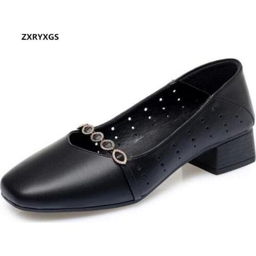 Hot 2021 New Spring Summer Square Toe Shallow Mouth Womens Shoes Thick Heels Fashion Elegant Comfortable Genuine Leather Shoes