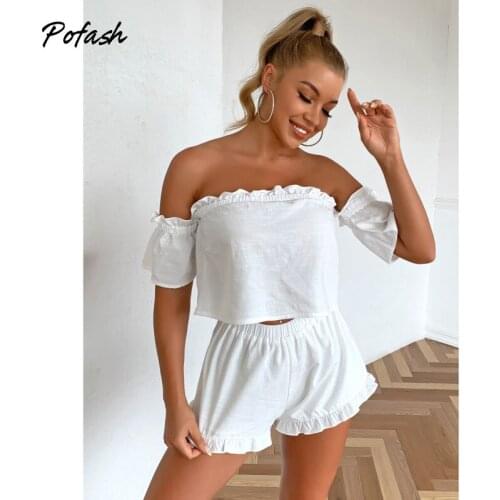 Pofash White Summer Two Pieces Outfits Women Clothing Backless Sexy Crop Top And Shorts Set Female Ruffle Loose 2 Piece Set 2021