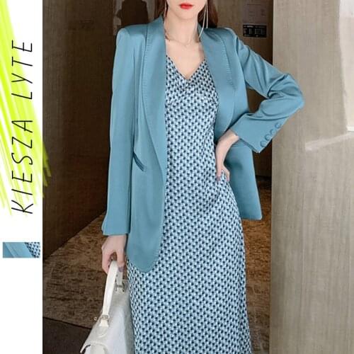 Fashion 2 Piece Set Women Spring 2021 Luxury Blazer Suit Jacket Strap Midi Dresses Ladies Office Dress Blue Sets
