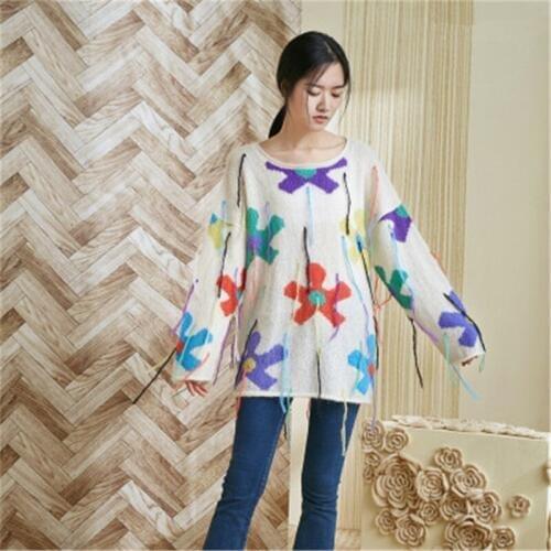 100% hand made wool thin knit women tassel Oneck contrast color floral H-straight pullover sweater one&over size