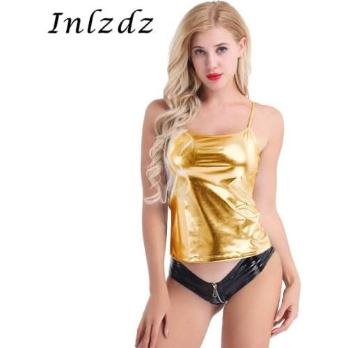 Womens Pole Dance Top Shiny Patent Leather Vest Top Metallic Yoga Rave Dance Hip Hop Costume Performance Tank Top Rave Clothing
