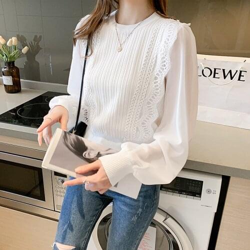 Sweater Women Knitted Pullover 2021 Autumn Winter Thick Sweater Long Sleeve Lace Chiffon Patchwork Jumper Soft Warm Pull Femme