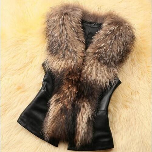 Faux Fox Fur Collar Vest Women Leather Faux Fur Vest Coat High QuanlityCasual Plus Size Sleeveless Winter Jacket Coat For Women