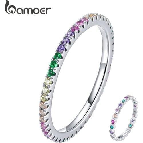 Bamoer 925 Sterling Silver Rainbow Zircon Stackable Band Ring for Women Trendy Fashion Dazzling CZ Stone Anillos Jewelry Gift